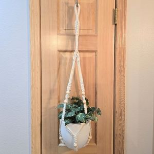 Macrame Plant Hanger (Off White) With Plastic Pot (White)